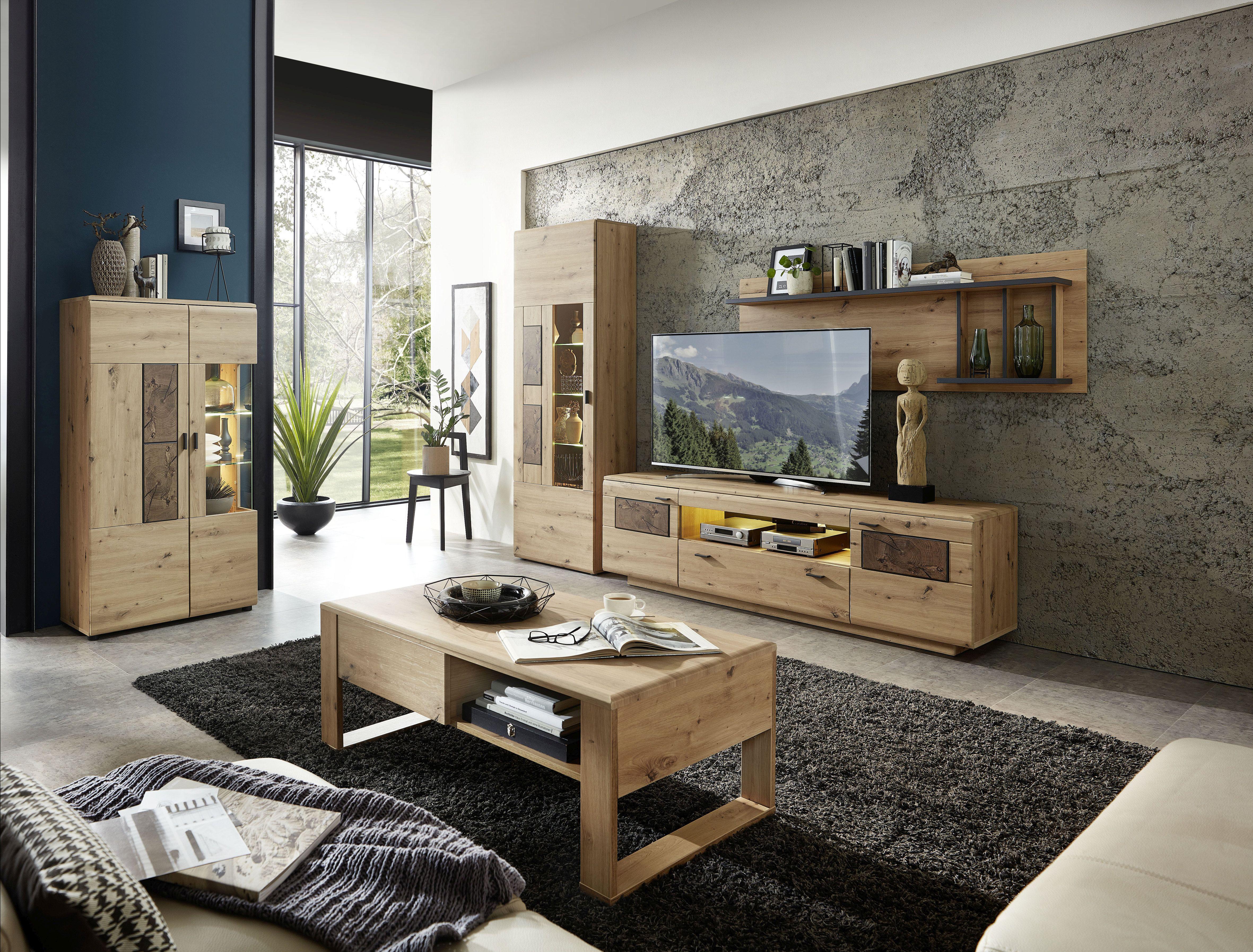 Wohnwand Madera II 40a6hh89 - Eichefarben/Graphitfarben, MODERN, Glas/Holzwerkstoff (300/201/47cm) - Livetastic