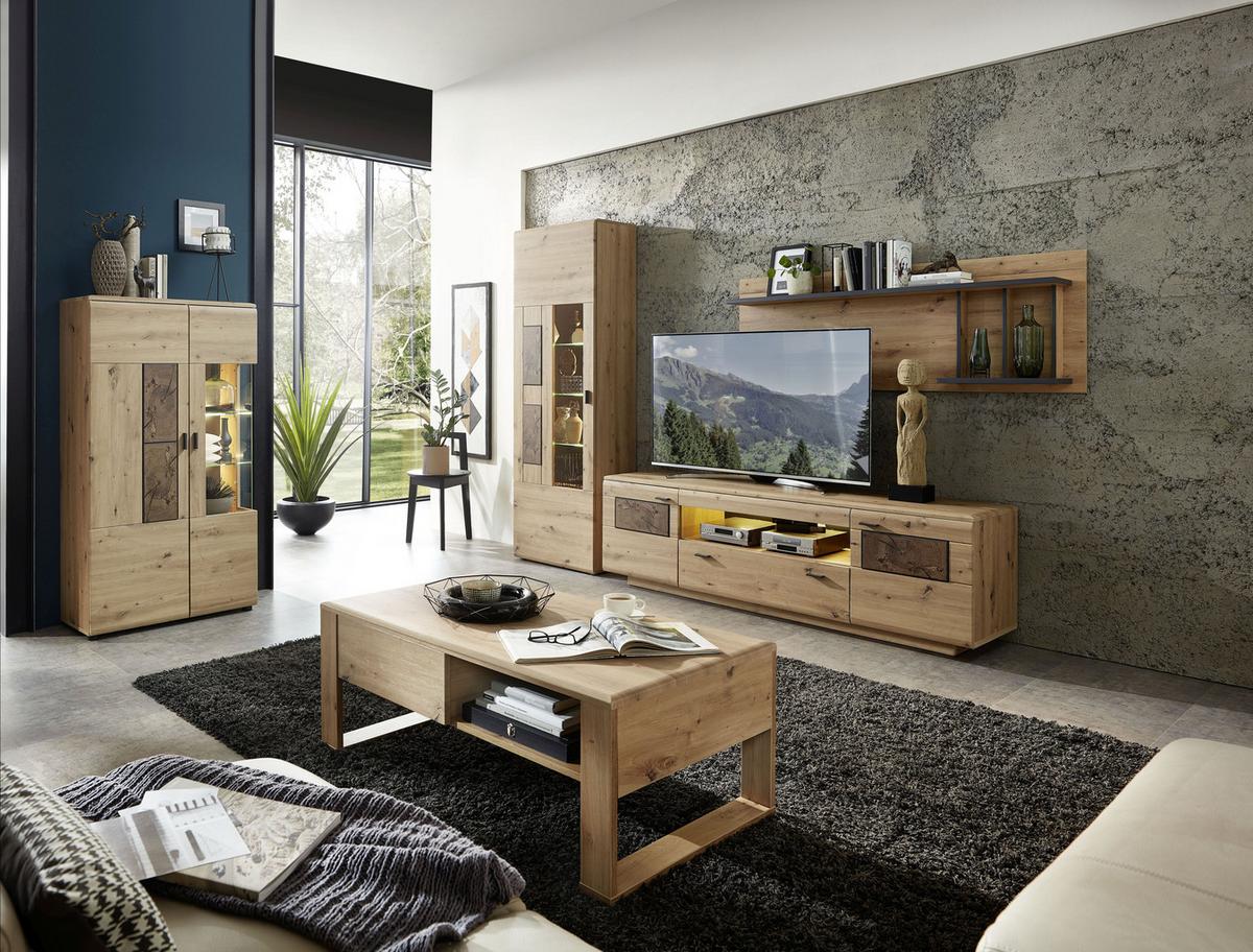 Wohnwand Madera Ii 40a6hh89 - Eichefarben/Graphitfarben, MODERN, Glas/Holzwerkstoff (300/201/47cm) - Livetastic