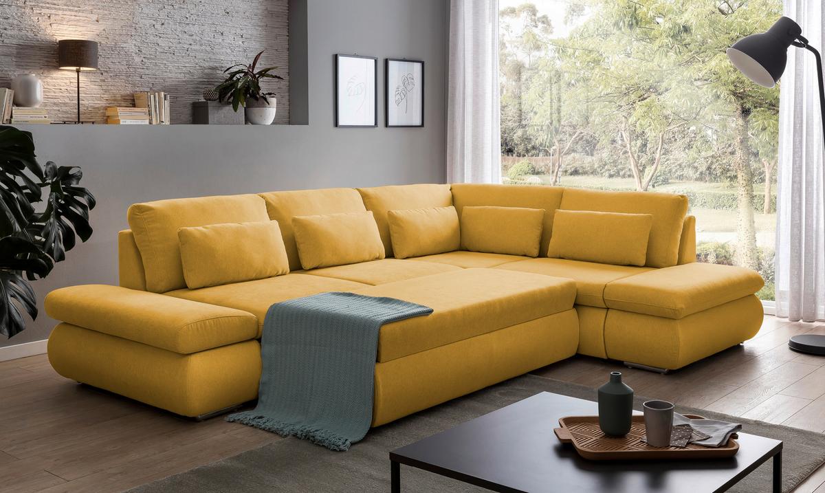 Sarokgarnitúra Alice - mustársárga, Modern, textil (300/86/224cm)