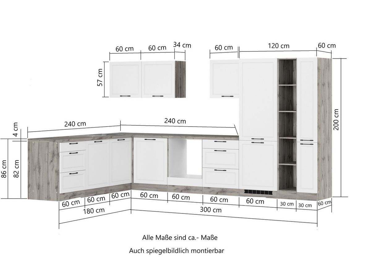 Eckküche Meran mit Geräten 240x360 cm Grau/Eiche Dekor - Eiche Wotan/Grau, LIFESTYLE, Holzwerkstoff (240/360cm) - Held