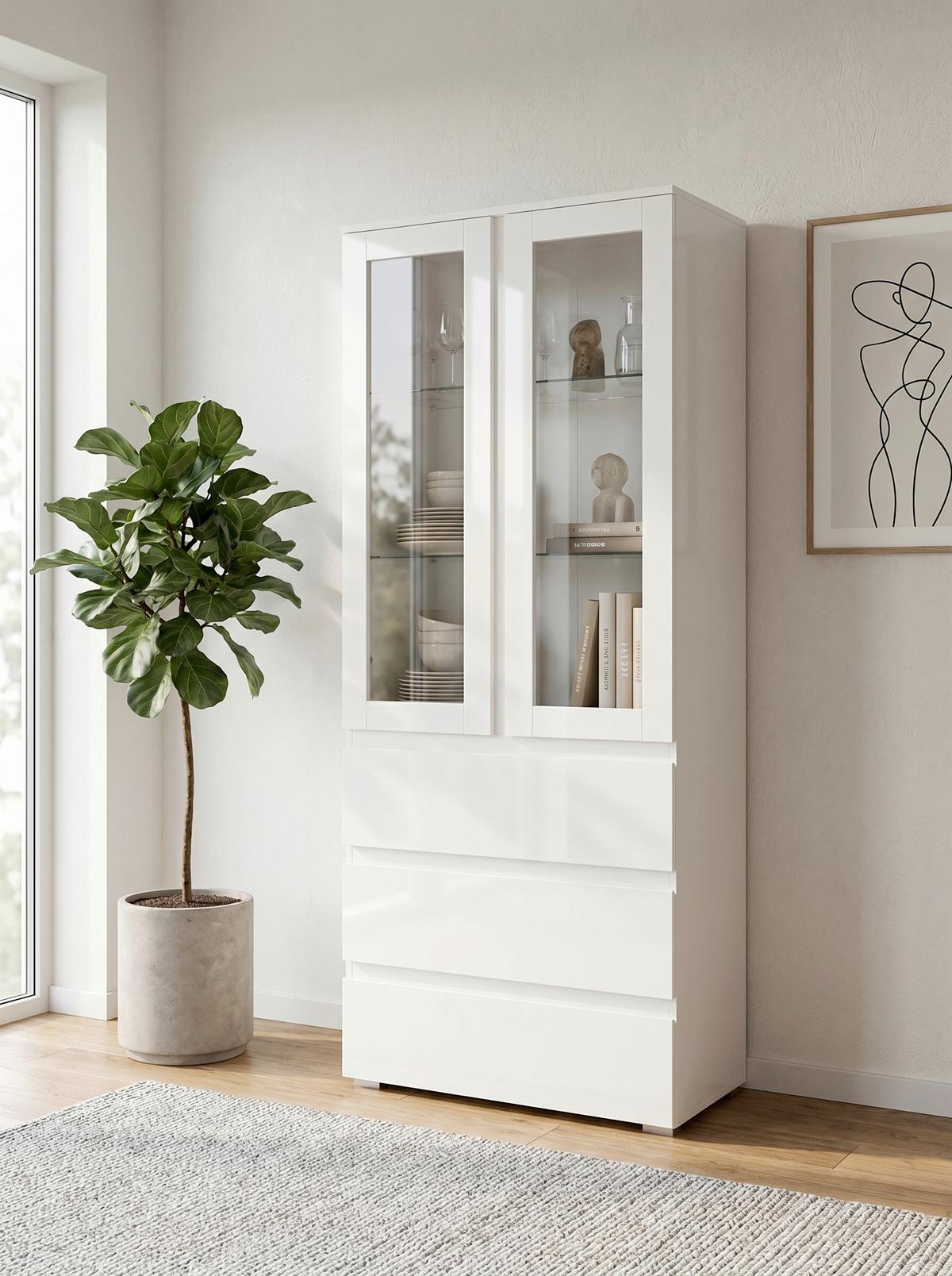 Vitrine Capetown Weiß HG B: 80 cm - Weiß Hochglanz/Silberfarben, Trend, Glas/Holzwerkstoff (80/191/40cm)