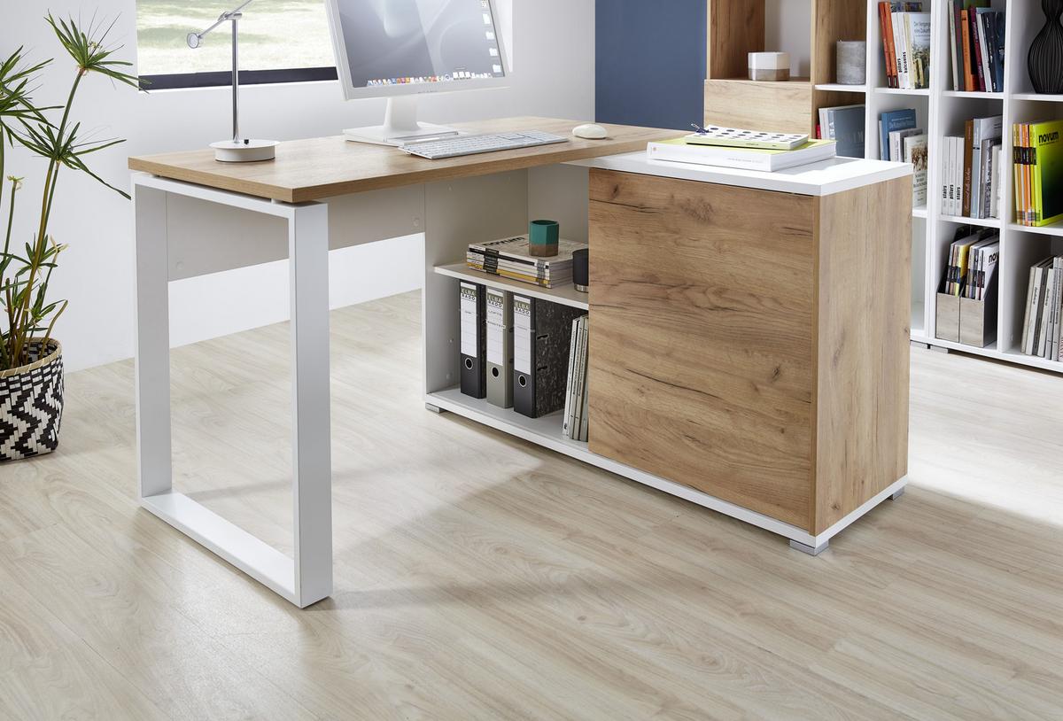 Eckschreibtisch Mit Stauraum B 120cm H 117cm Gw-Lioni Eiche - Eichefarben/Weiß, Design, Holzwerkstoff/Metall (120/75/117cm) - Germania
