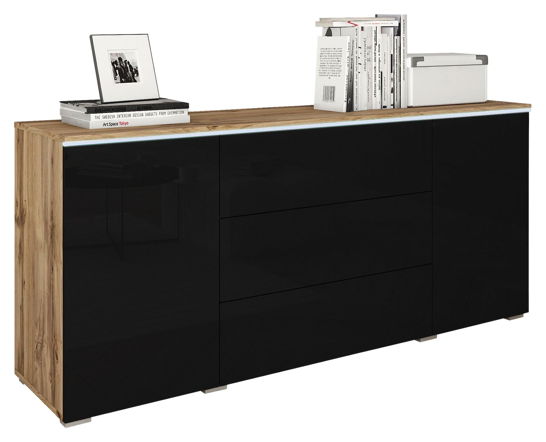Sideboard mit LED 150cm Vera, schwarz - Schwarz Hochglanz/Eiche Wotan, LIFESTYLE, Holzwerkstoff (150/67,9/39,5cm) - P & B