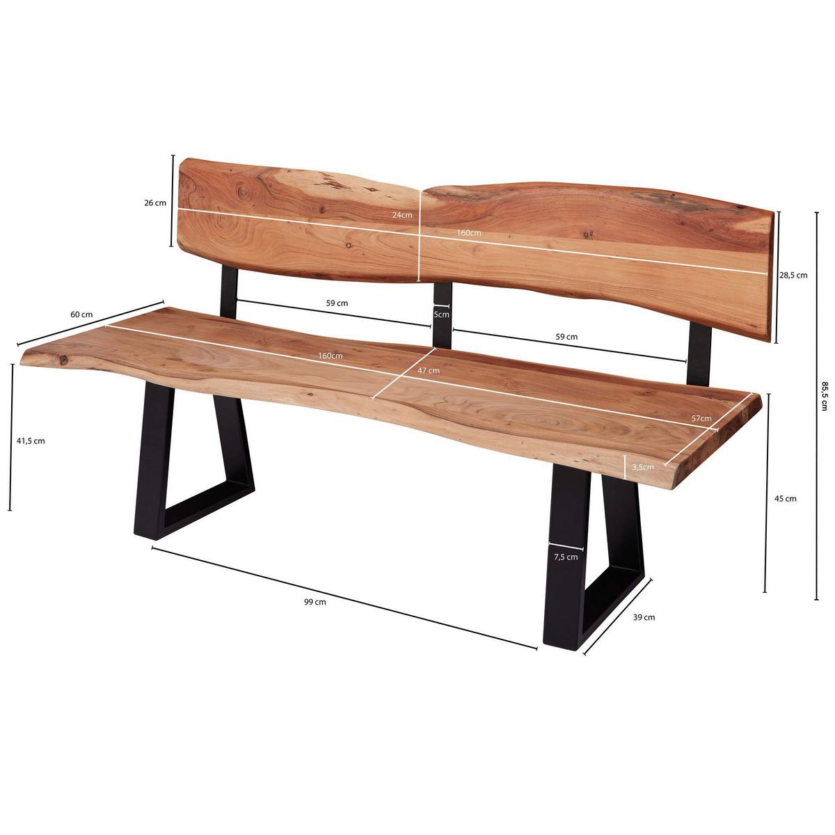 Lavice z masivního dřeva Gaya - černá/barvy akácie, Moderní, kov/dřevo (160/83,5/60cm) - MID.YOU