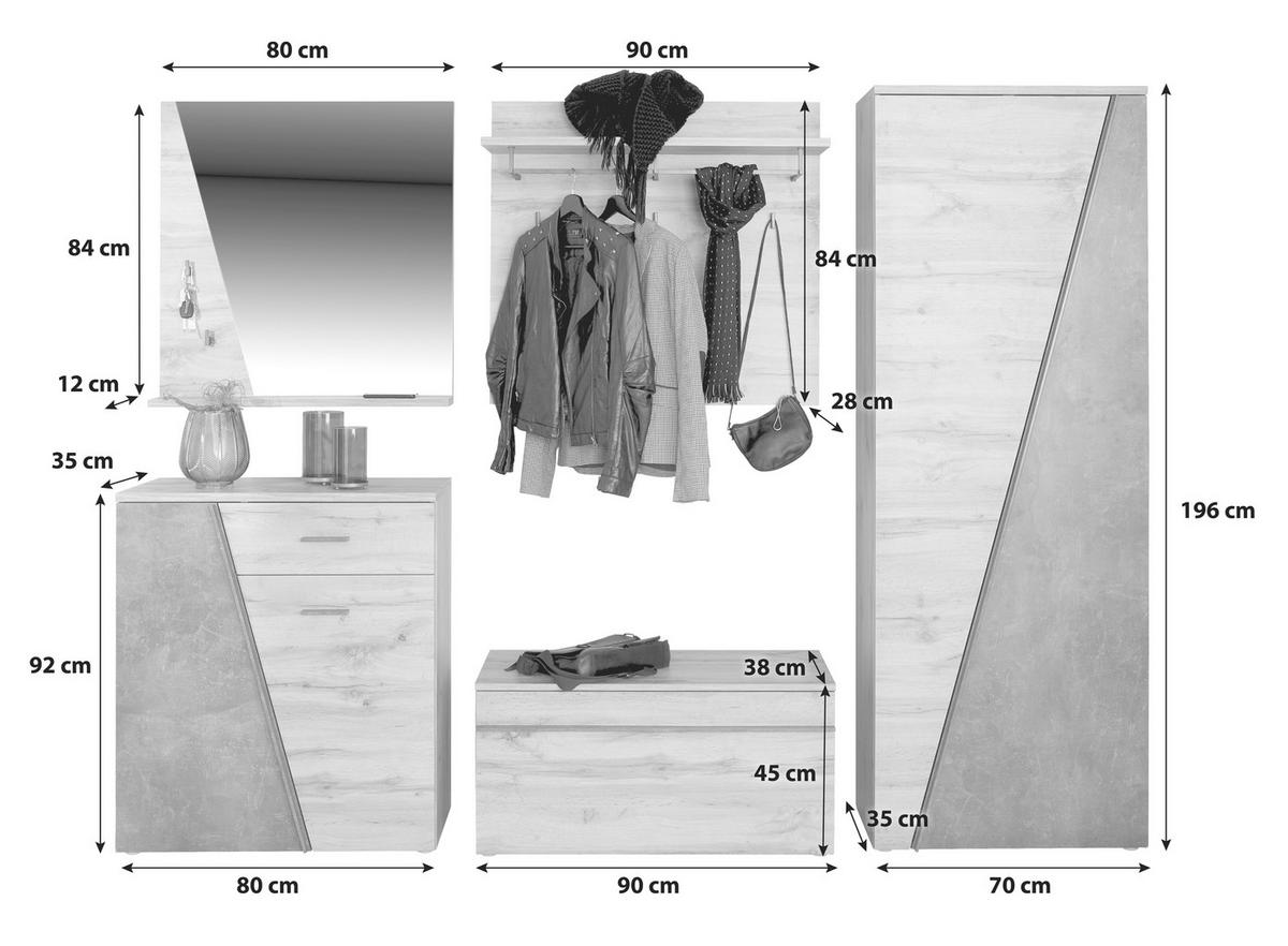 Garderoben-set Venedig Wotan Eiche Dekor/betonoptik 5 Tlg. - Eichefarben/Dunkelgrau, MODERN, Holzwerkstoff (240/196/38cm)