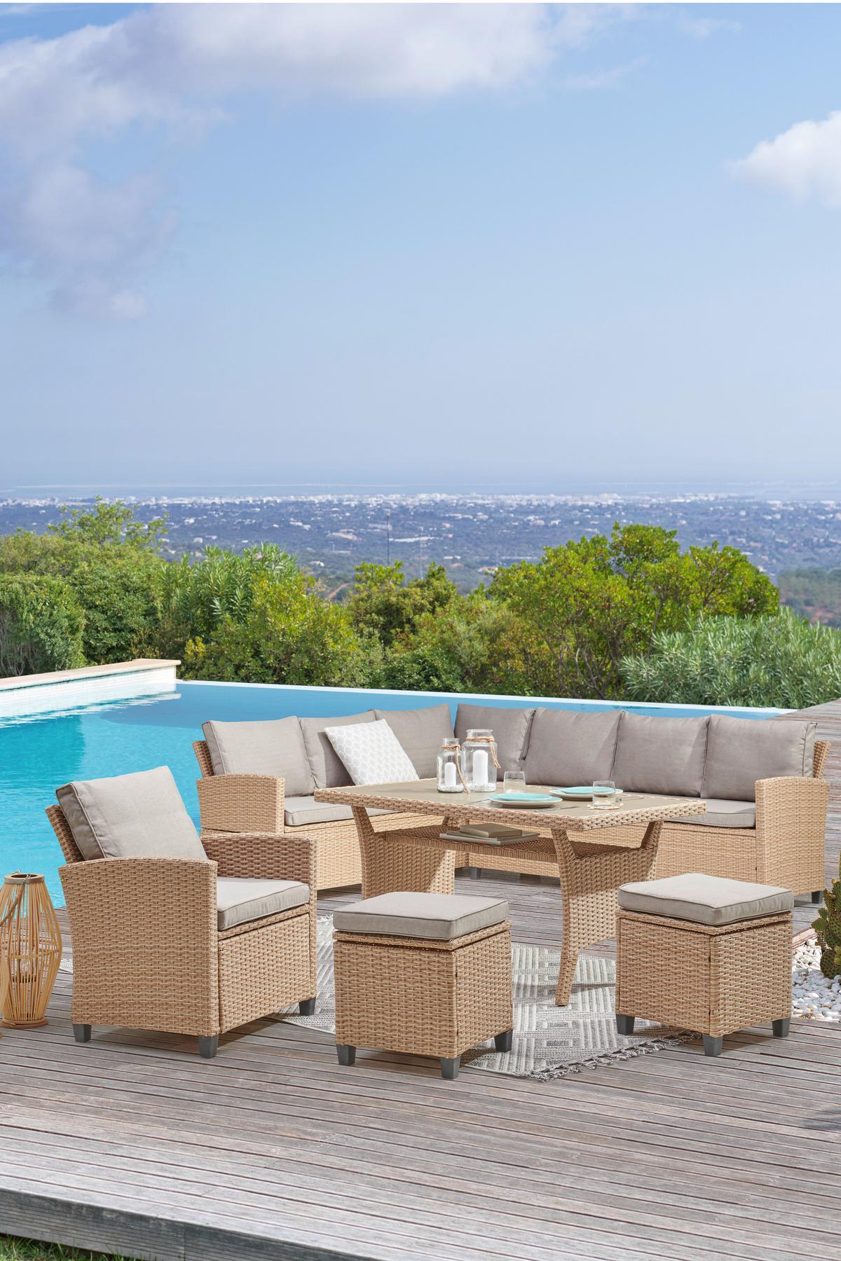 Loungegarnitur 6-tlg. Porto- Multi, Polyrattan Mit Kissen - Hellbraun/Grau, MODERN, Kunststoff/Textil (190/237cm) - Beldano