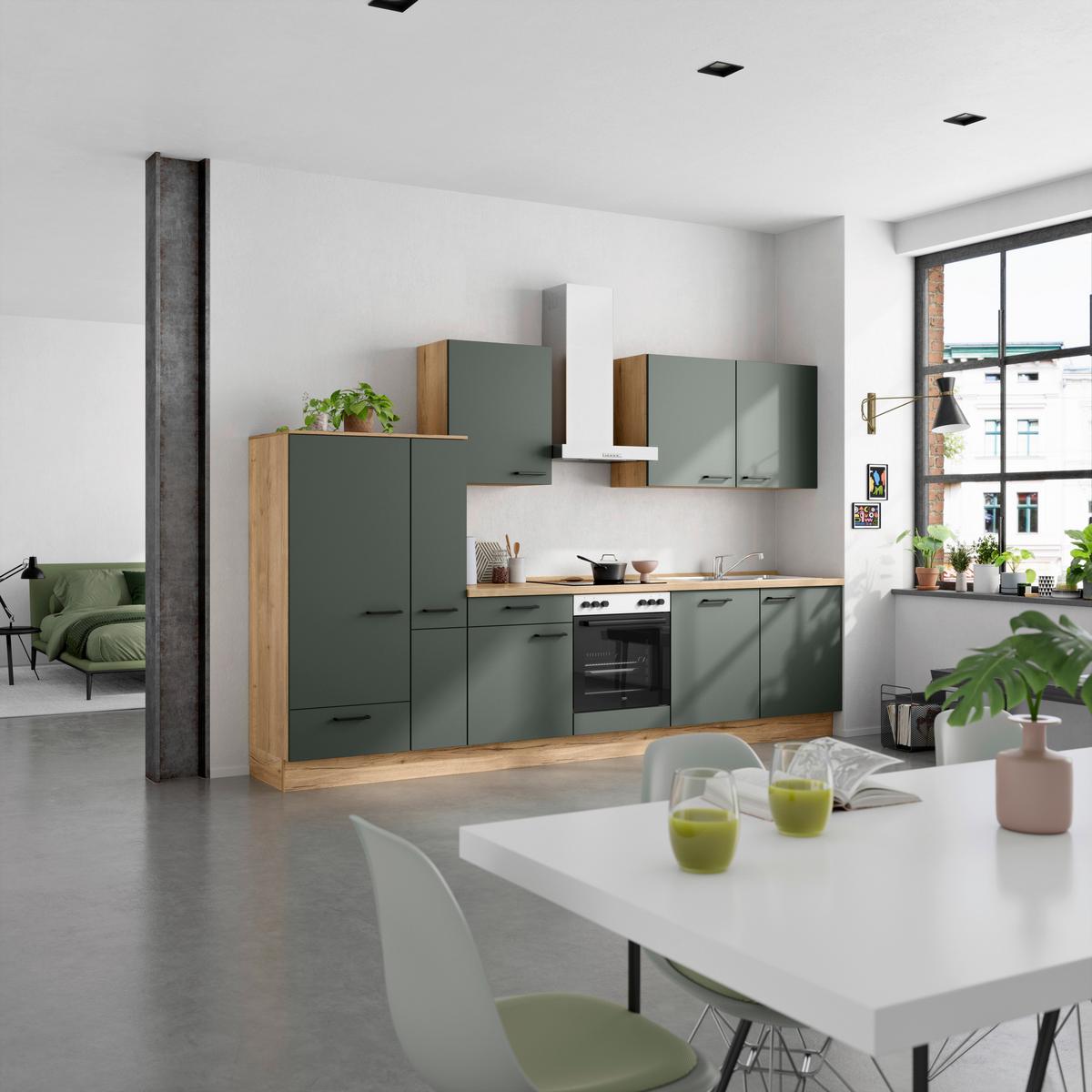 Küchenleerblock Easytouch Low-Line, L11 Links - Dunkelgrün/Eichefarben, MODERN, Holzwerkstoff (330cm) - Nobilia