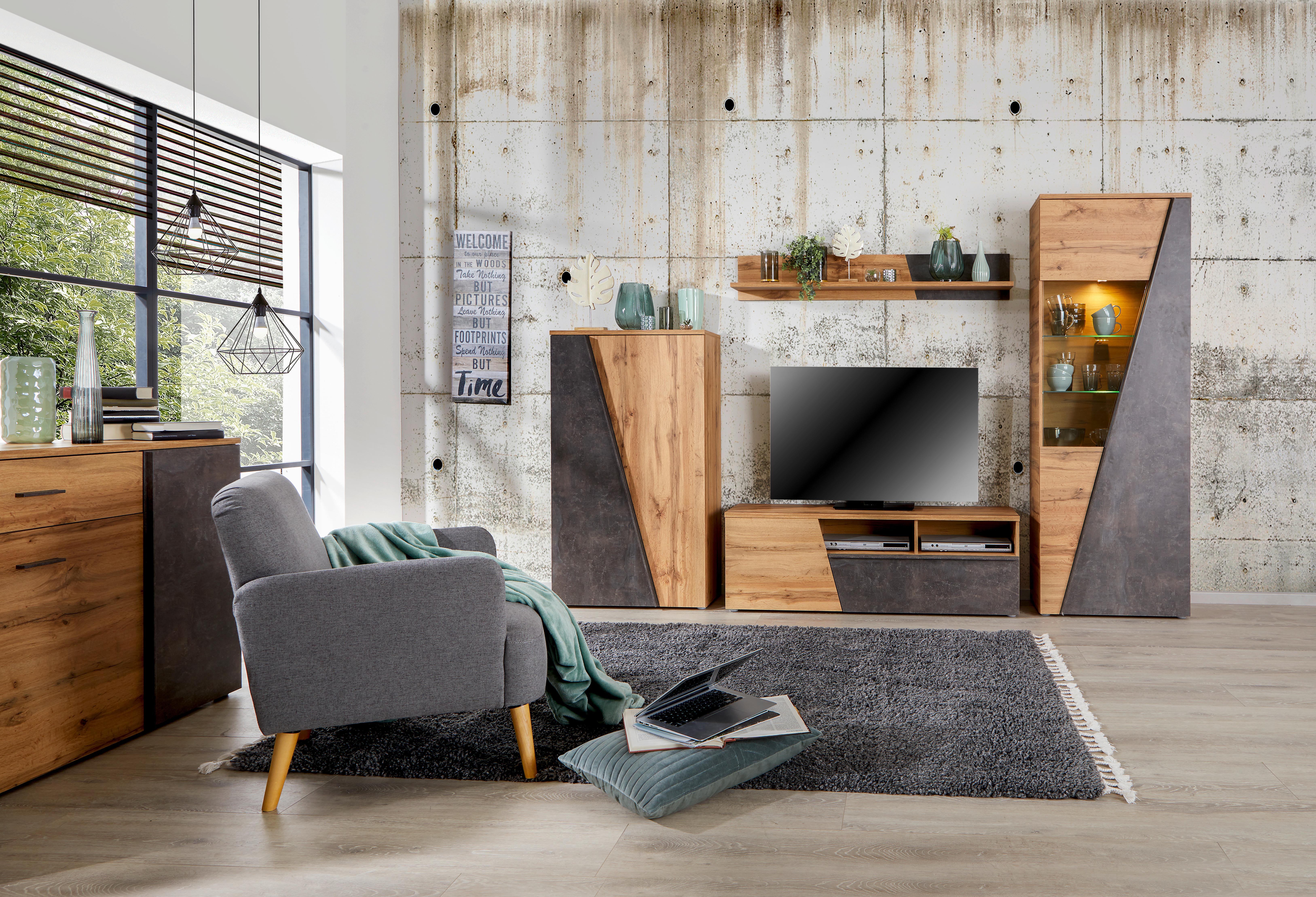 Wohnkombination Modern 4-Tlg. Venedig Eiche Dekor/Dunkelgrau - Eichefarben/Dunkelgrau, MODERN, Holzwerkstoff (287/196/40cm)