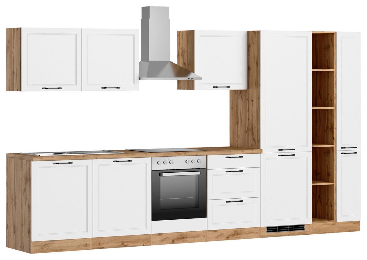 Küchenzeile Meran mit Geräten B: 360cm Weiß/Eiche Dekor - Eiche Wotan/Weiß, LIFESTYLE, Holzwerkstoff (360cm) - Held