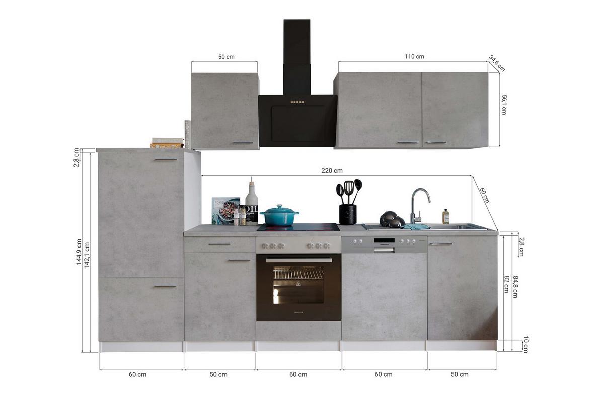 Küchenblock Malia B: 280 Cm Grau, Mit Geräte - Weiß/Grau, Basics, Holzwerkstoff (280cm) - Respekta