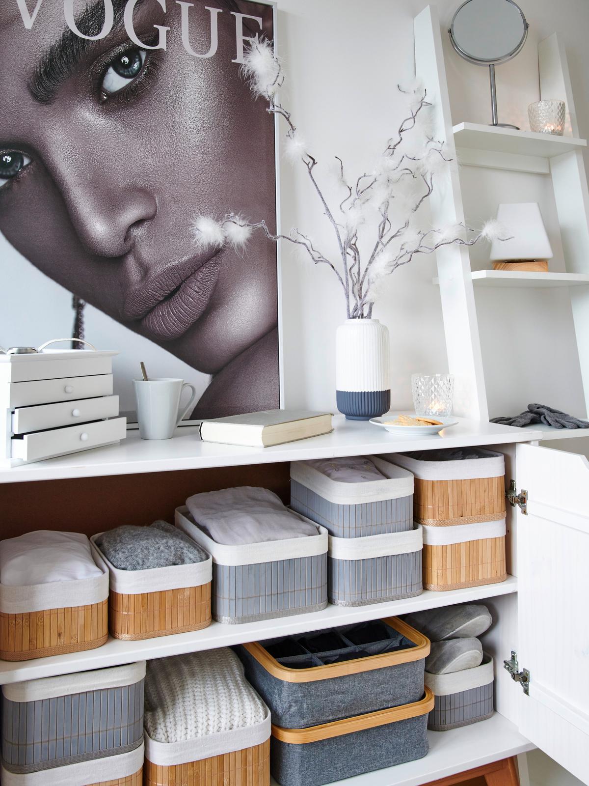 Sada košíkov Bamboo, 3 ks/bal. - sivá/biela, kov/kompozitné drevo - Zandiara