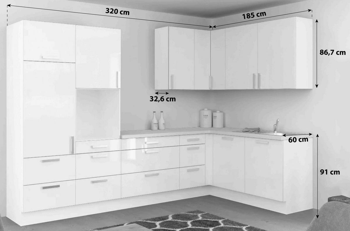 Eckküche Ip4050 ohne Geräte 320x185 cm Magnolie/Schwarz - Magnolie/Schwarz, Basics (320/185cm)