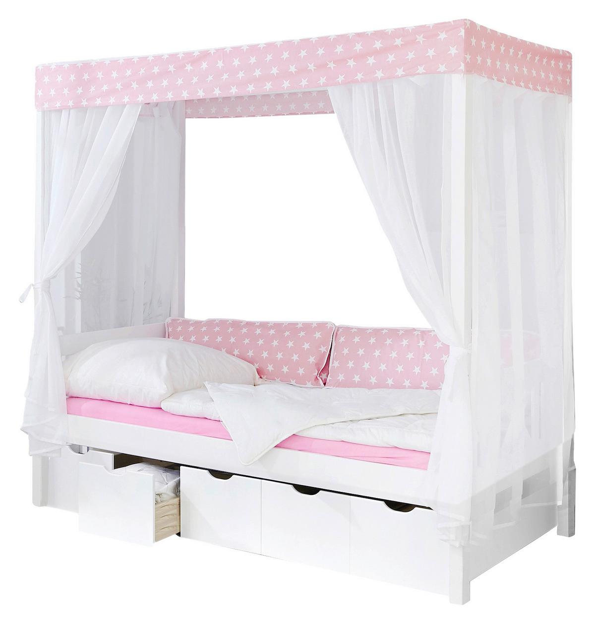 Posteľ s nebesami LINO záves ružovo-biely - biela/ružová, Modern, drevo (90/200cm) - MID.YOU