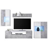 Wohnkombination Modern 4-Tlg. + Led Vulcan, Betonoptik/Weiß - Weiß/Grau, MODERN, Glas/Holzwerkstoff (265-295/194/40cm)