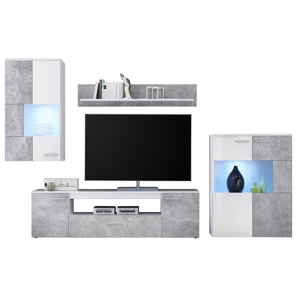 Wohnkombination modern 4--Teilig. + LED Vulcan, Betonoptik/Weiß