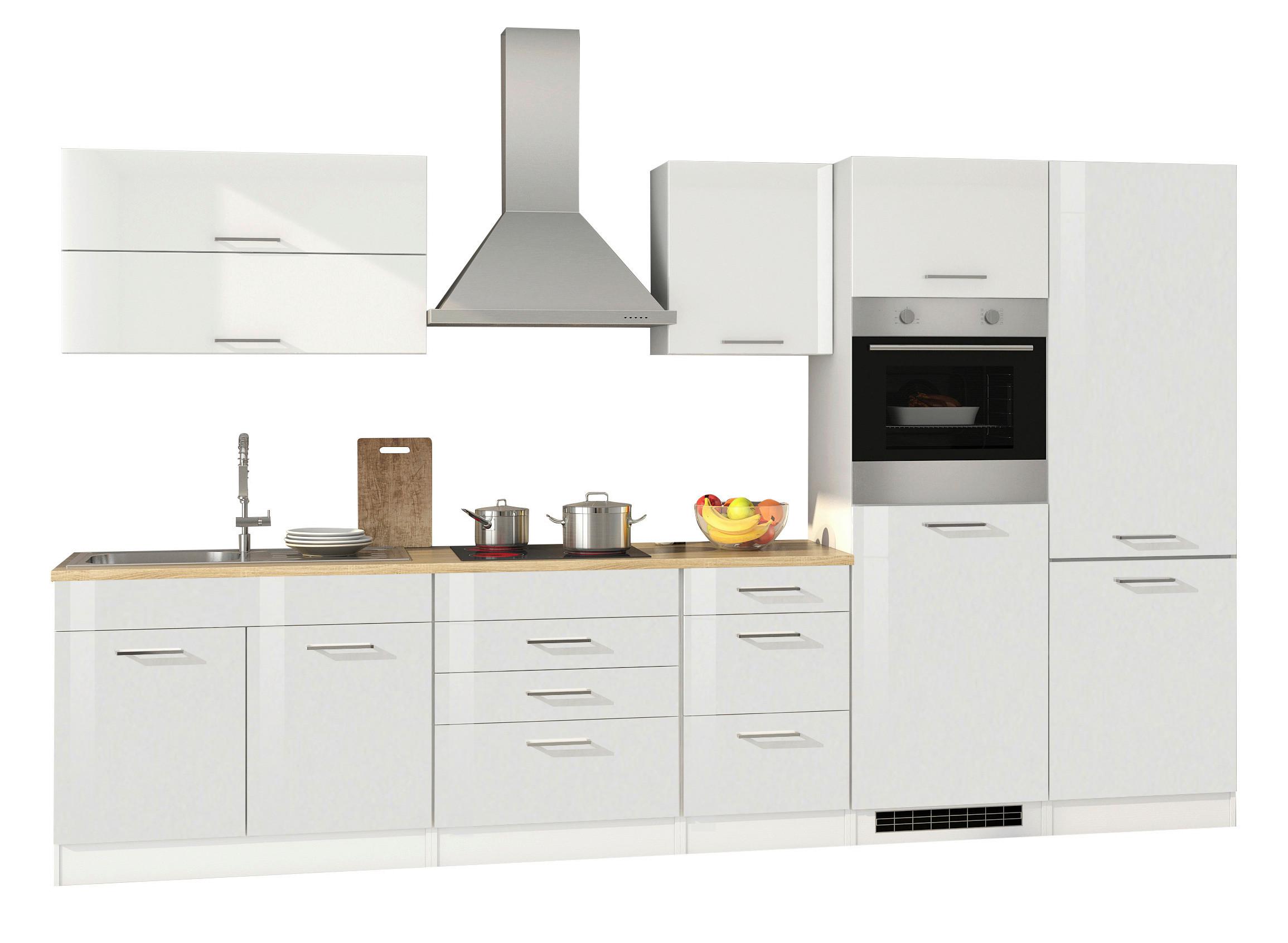 Küchenzeile Mailand M. Geräten 350 Cm Weiß Hochglanz - Weiß Hochglanz/Eichefarben, Basics, Holzwerkstoff (350cm) - Held
