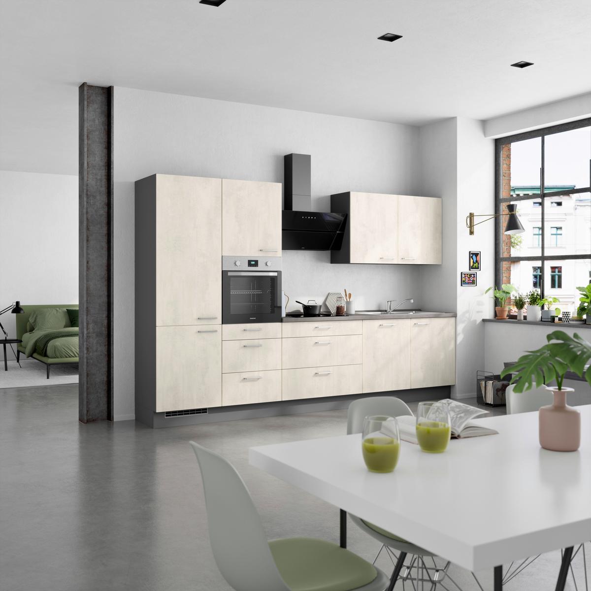 Kuchynská linka 330CM biely betón/ bridlicová šedá - biela/farba ušľachtilej ocele, Modern, kov/kompozitné drevo (330cm) - Nobilia