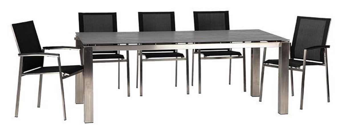 Gartengarnitur Auris 7-Teilig Metall/Kunststoff mit Kissen - Edelstahlfarben/Grau, Basics, Keramik/Kunststoff (200/75/100cm) - Acamp