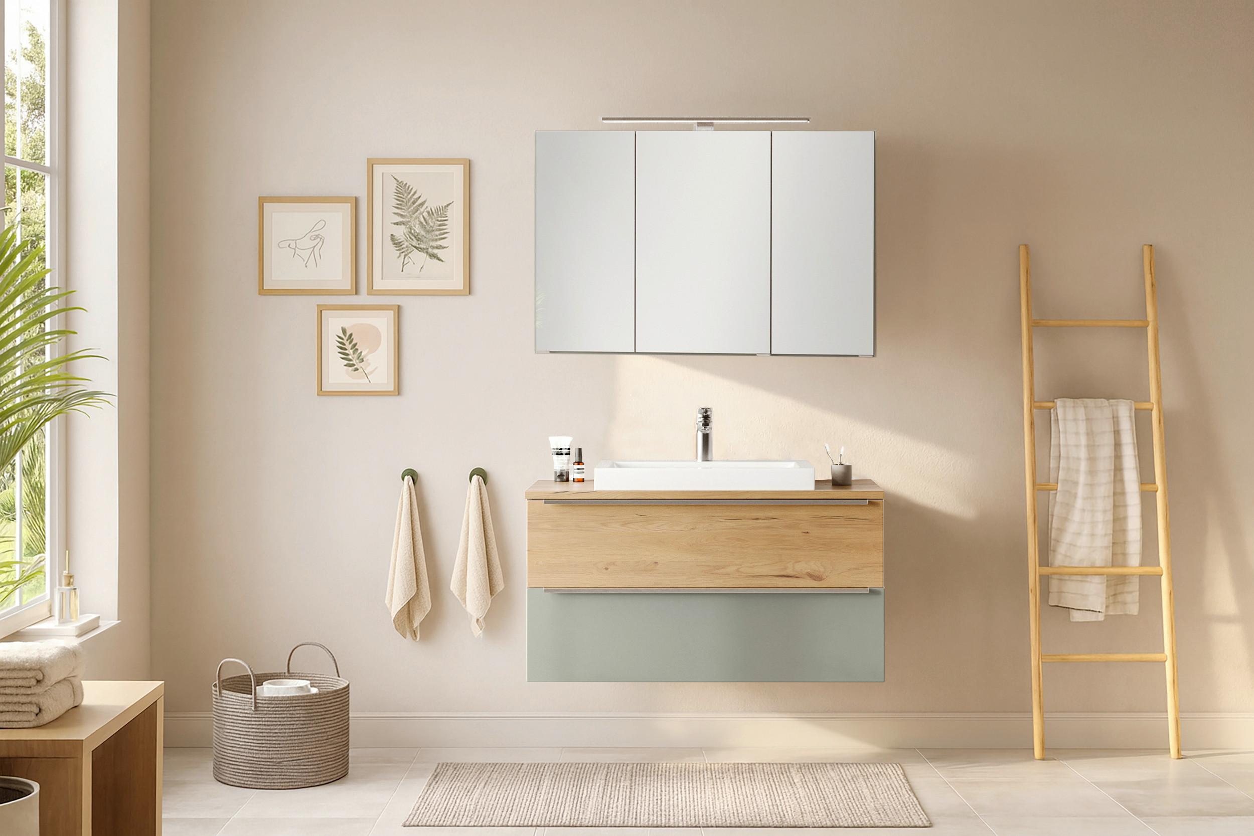 Badezimmer Verona Wildeiche/Schilfgrün 2-teilig - Schilfgrün/Wildeiche, Trend, Glas/Holzwerkstoff (100/200/47cm) - Held