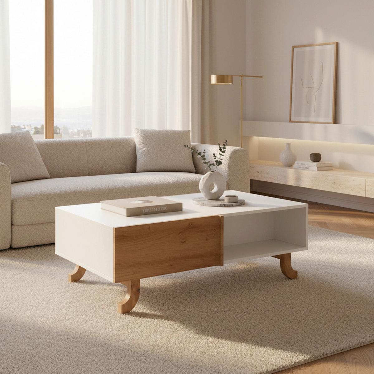 Konferenčný stolík VIRA farby dubu/biela - biela/farba borovice, Modern, drevo (110/38/66cm) - Bessagi Home