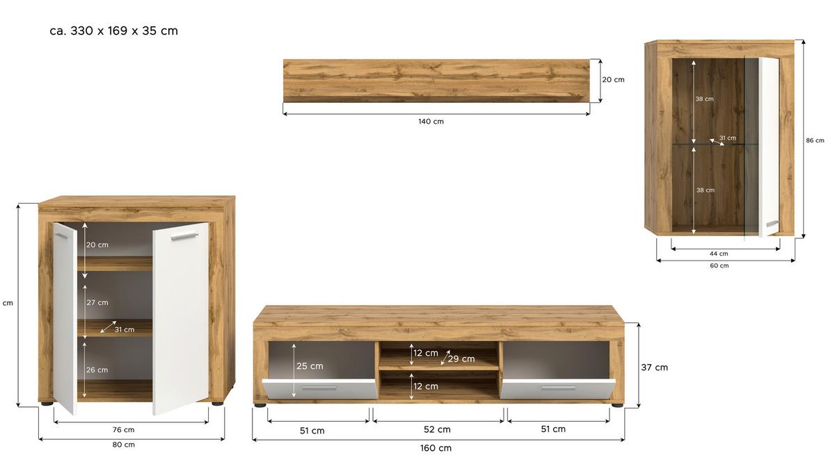 Wohnwand Jam Eiche Wotan Dekor B: 330cm - Silberfarben/Eiche Wotan, Design, Glas/Holzwerkstoff (330/169/35cm) - MID.YOU