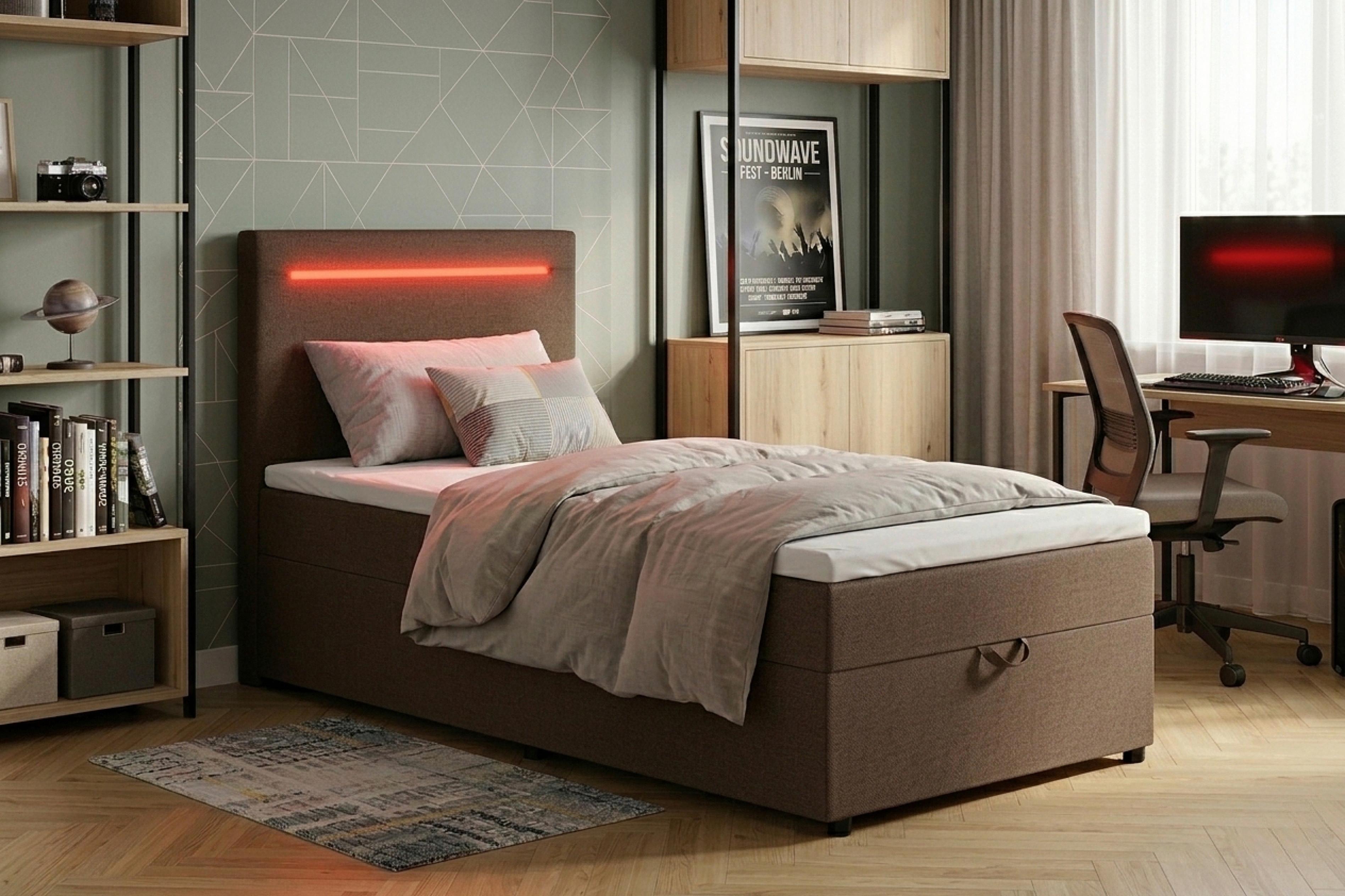 Boxbett Pisa 100 Led 100x200 Braun - Schwarz/Braun, MODERN, Holzwerkstoff/Textil (100/200cm) - MID.YOU