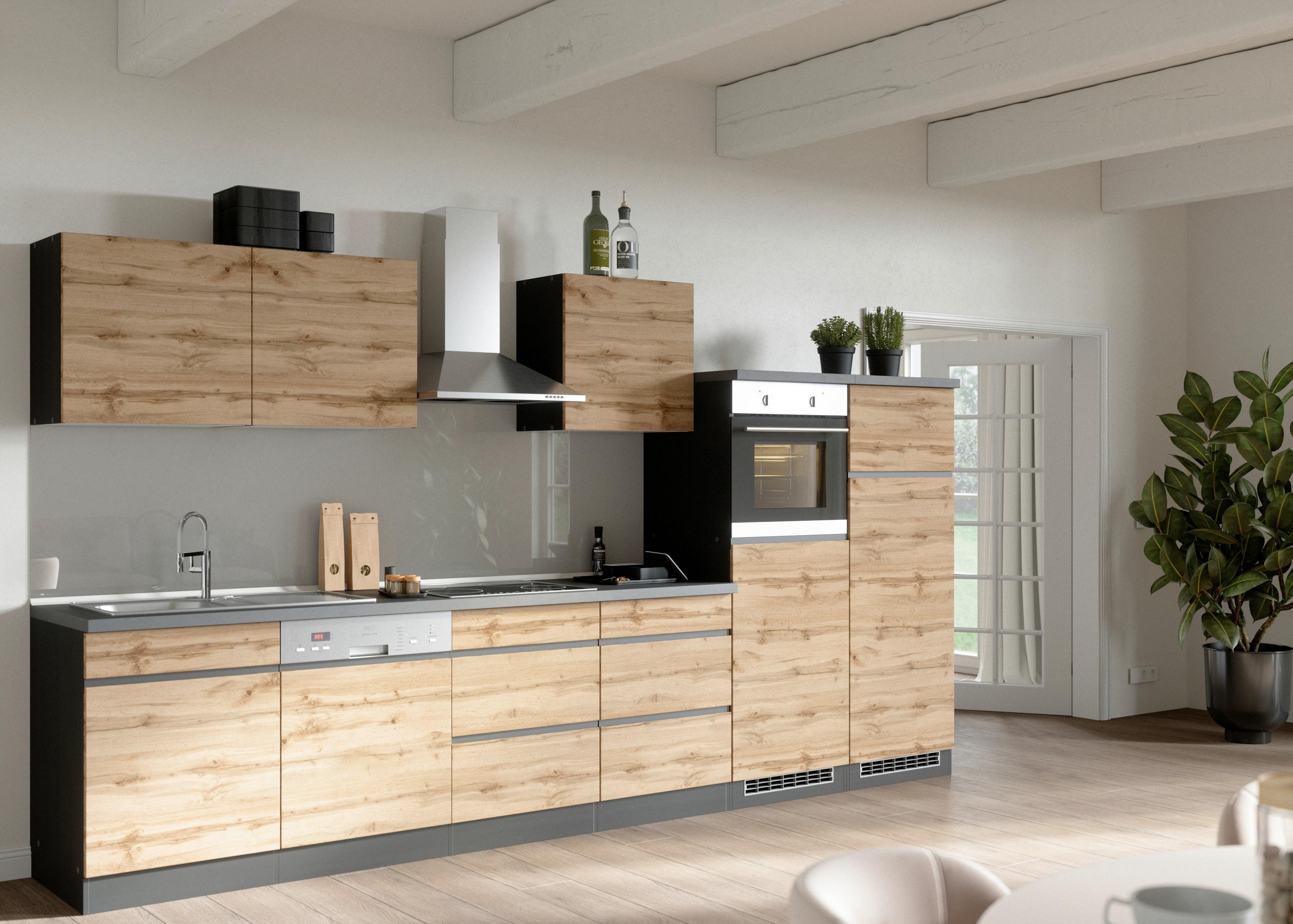 Küchenzeile Turin Mit Geräten B: 360 Cm Graphit/eichen Dekor - Eiche Wotan/Graphitfarben, Design, Holzwerkstoff (360cm) - Held