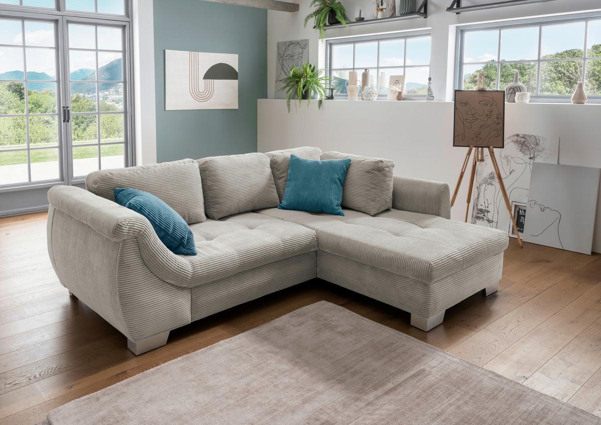 Ecksofa mit Schlaffunktion Flora Silberfarben Cord - Silberfarben/Petrol, Design, Textil (250/190cm) - MID.YOU
