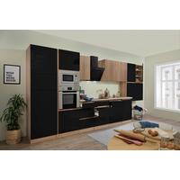 Küchenzeile Premium mit Geräten 445 cm Schwarz/Eiche Dekor - Schwarz Hochglanz/Eichefarben, Basics, Holzwerkstoff (445cm) - Respekta