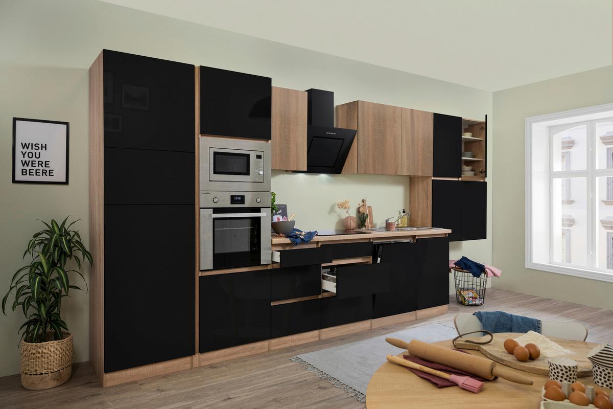 Küchenzeile Premium mit Geräten 445 cm Schwarz/Eiche Dekor - Schwarz Hochglanz/Eichefarben, Basics, Holzwerkstoff (445cm) - Respekta