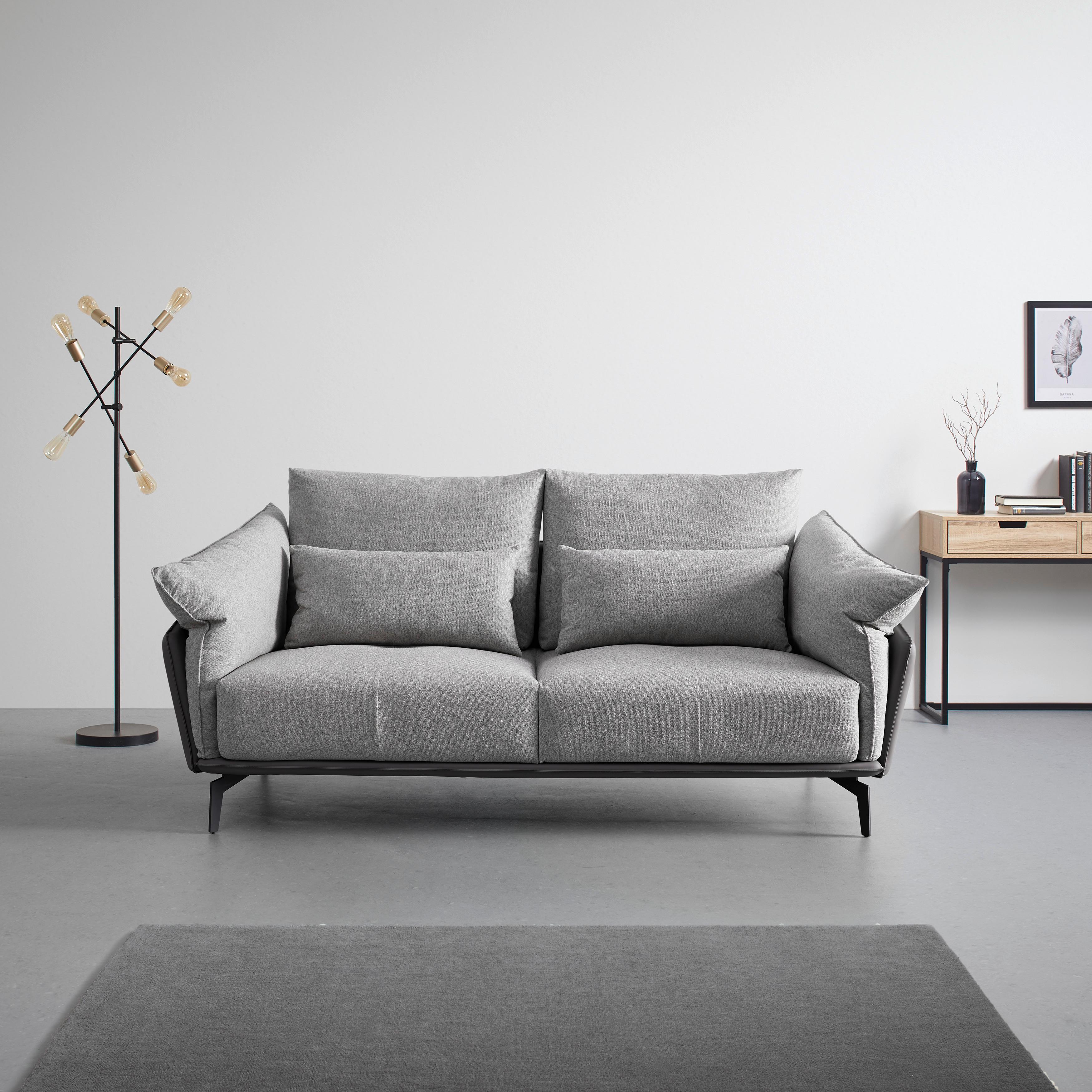2místná pohovka s polštáři ELICIA šedá - černá/světle šedá, Moderní, kov/dřevo (205/88/92cm) - Bessagi Home
