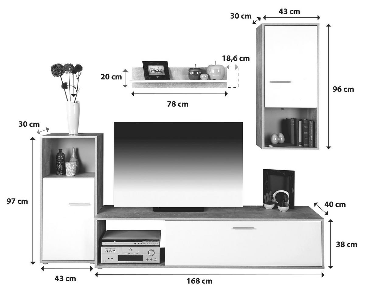 Wohnwand Modern 4 -Teilig. Aran Betonoptik/Perlweiß - Hellgrau/Schwarz, MODERN, Holzwerkstoff (221/183,5/40cm)