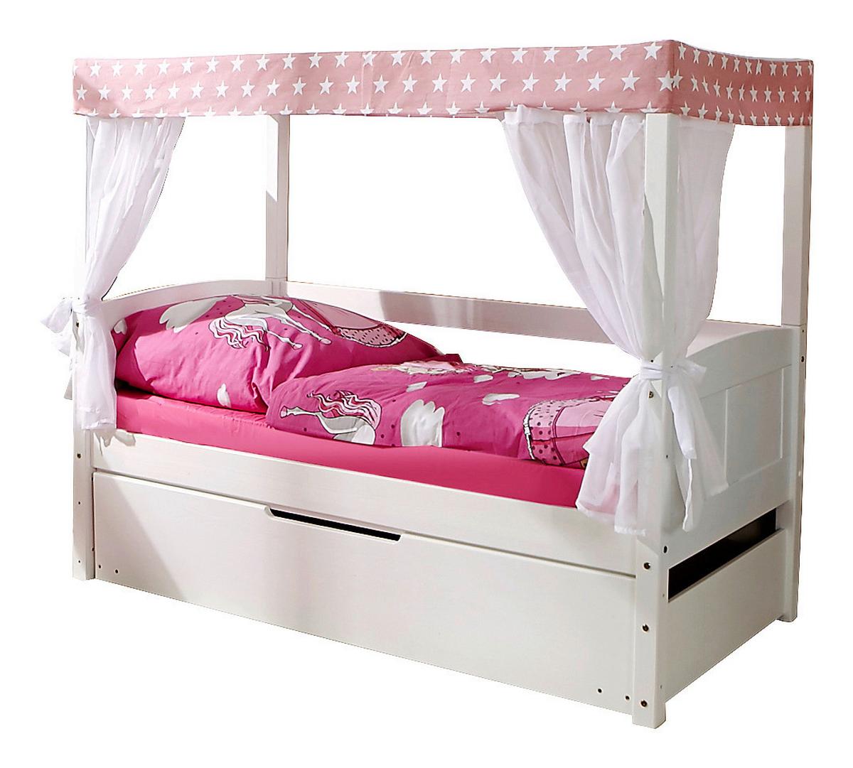 Dětská postel s nebesy LINO MINI závěs růžovobílý - bílá/růžová, Moderní, dřevo (80/160cm) - MID.YOU