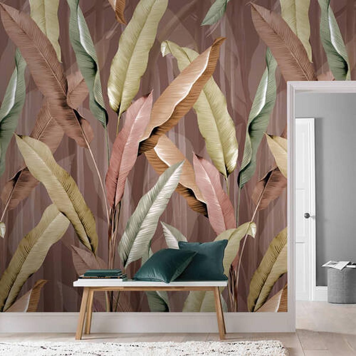 Fototapete Pink Leaves - Multicolor, Basics, Papier/Kunststoff (200/280cm)