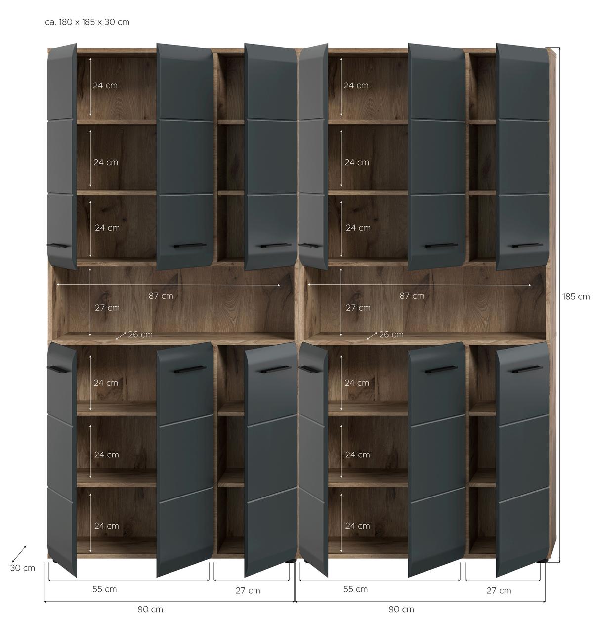 Hochschrank Ice Schwarz/Eiche Dekor B: 180cm - Eiche dunkel/Schwarz, Basics, Holzwerkstoff (180/185/30cm) - MID.YOU