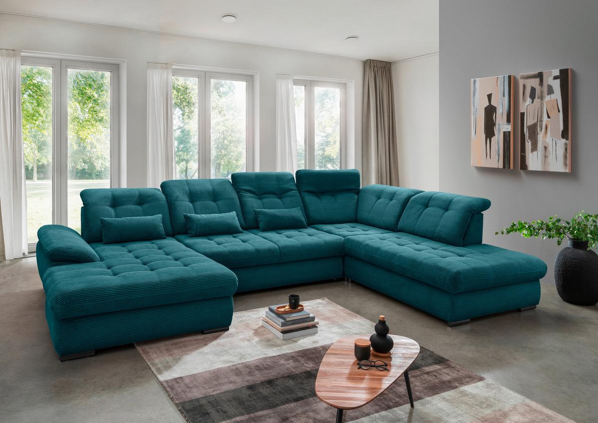 Wohnlandschaft mit Bettkasten Rigatti Petrol B: 387 cm - Petrol/Schwarz, MODERN, Textil (184/387/252cm) - Livetastic
