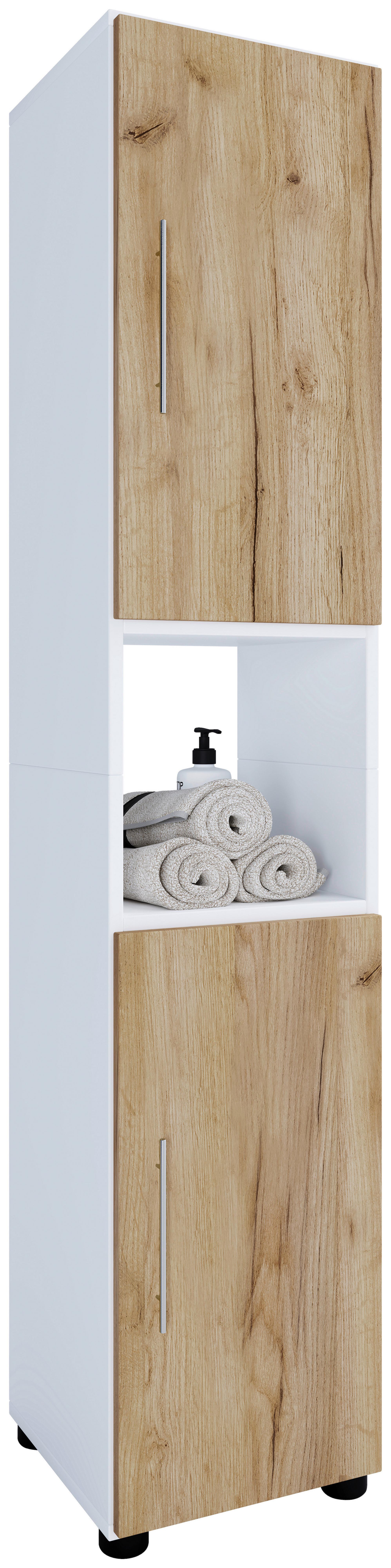 Hochschrank Bad Flandu BxH 31x 160 cm, Honig Eiche Dekor - Honigeiche/Schwarz, MODERN, Holzwerkstoff (31/160/30cm) - MID.YOU