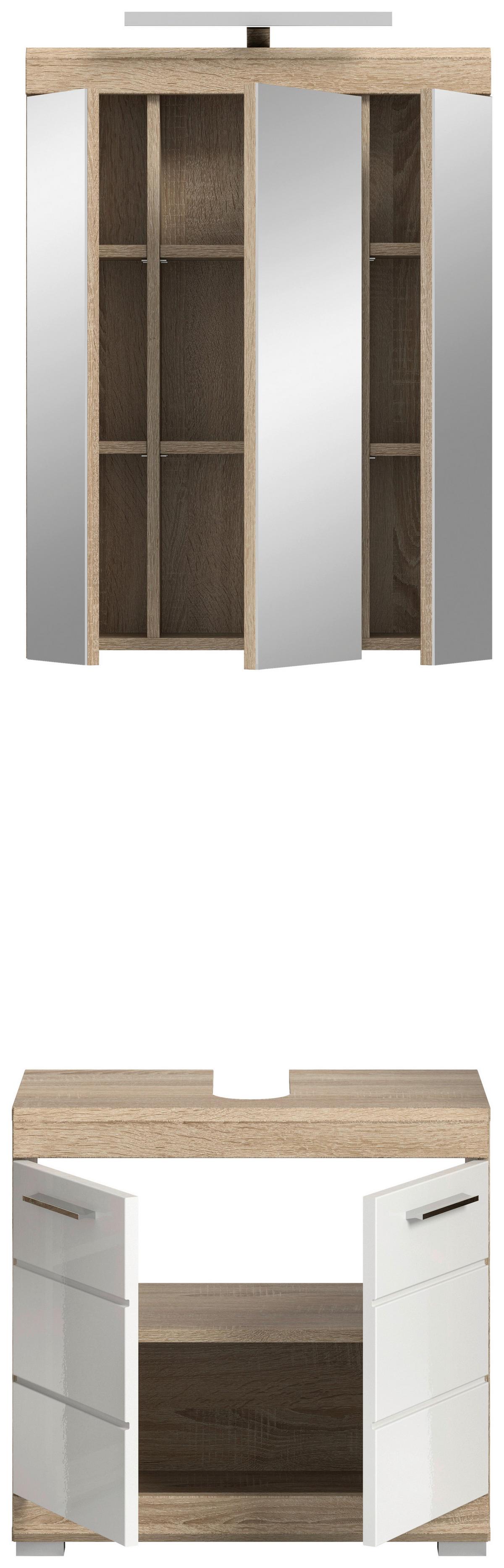Badezimmer Lambada Eiche Dekor/weiß B: 60 Cm - Weiß Hochglanz/Silberfarben, MODERN, Glas/Holzwerkstoff (60cm) - MID.YOU