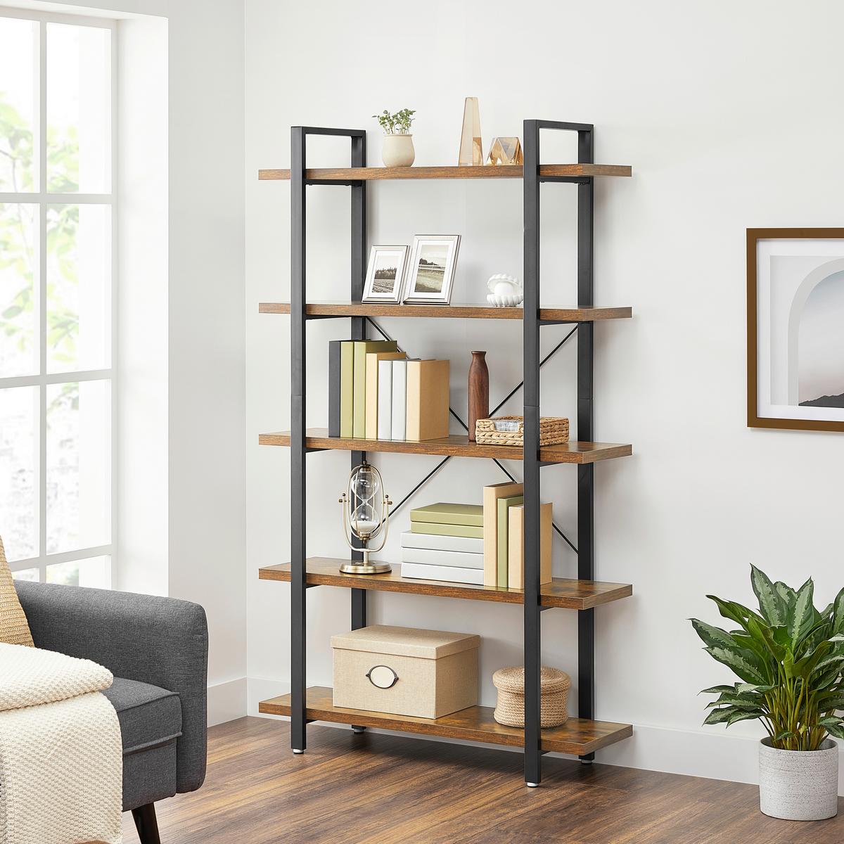 Regál IRON - černá/hnědá, Basics, kov/kompozitní dřevo (105/178/34cm) - Boxxx