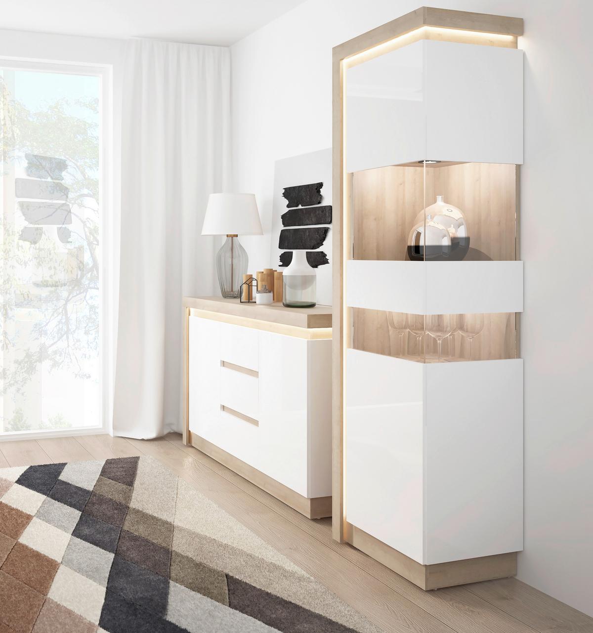 Vitrine Lyon Hell Weiß/eichefarben B: 60 Cm - Weiß Hochglanz/Eichefarben, Trend, Glas/Holzwerkstoff (59,7/198,1/42cm)