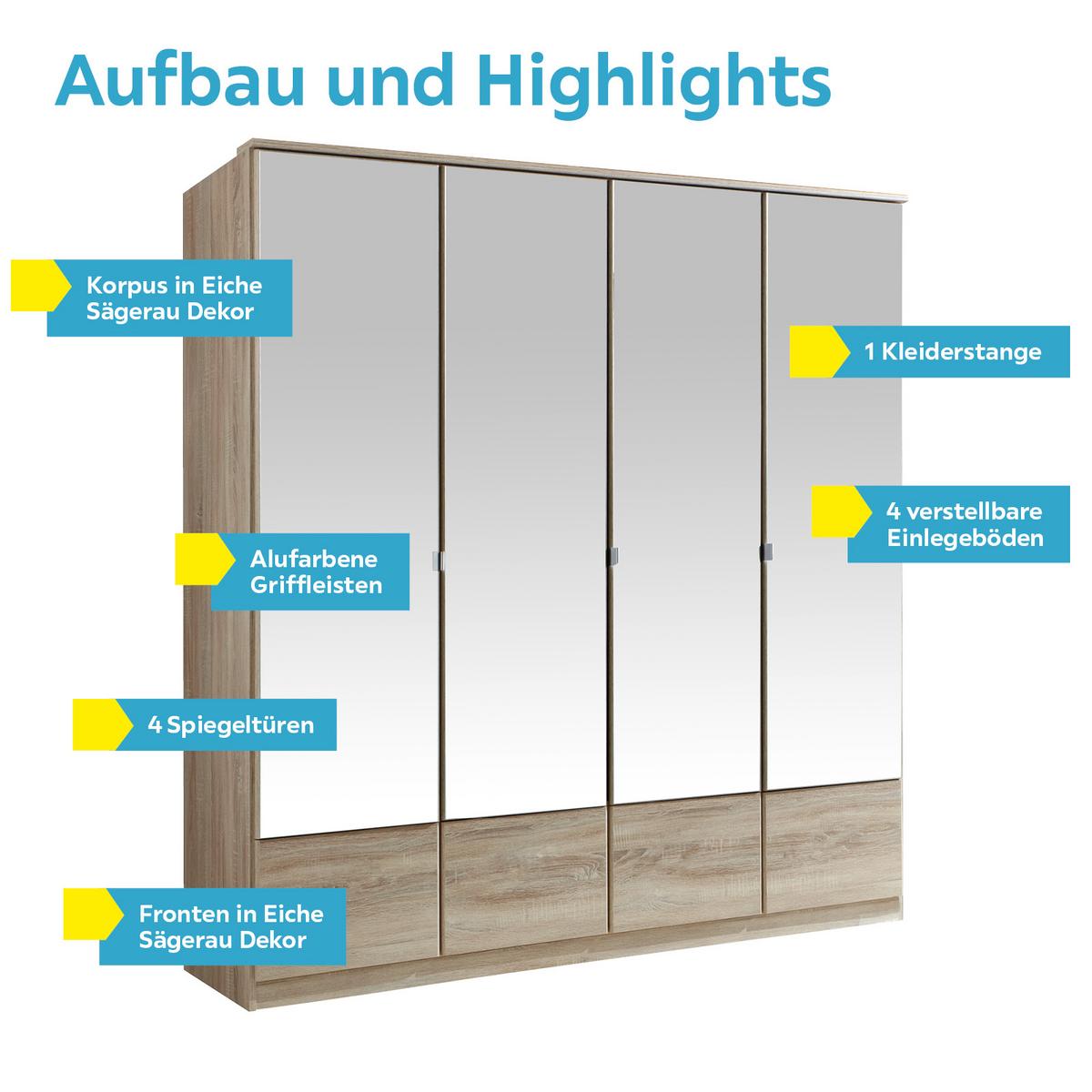 Drehtürenschrank Mit Spiegel 180cm Imago, Sägerau Dekor - Eichefarben, KONVENTIONELL, Glas/Holzwerkstoff (180/199/58cm) - MID.YOU