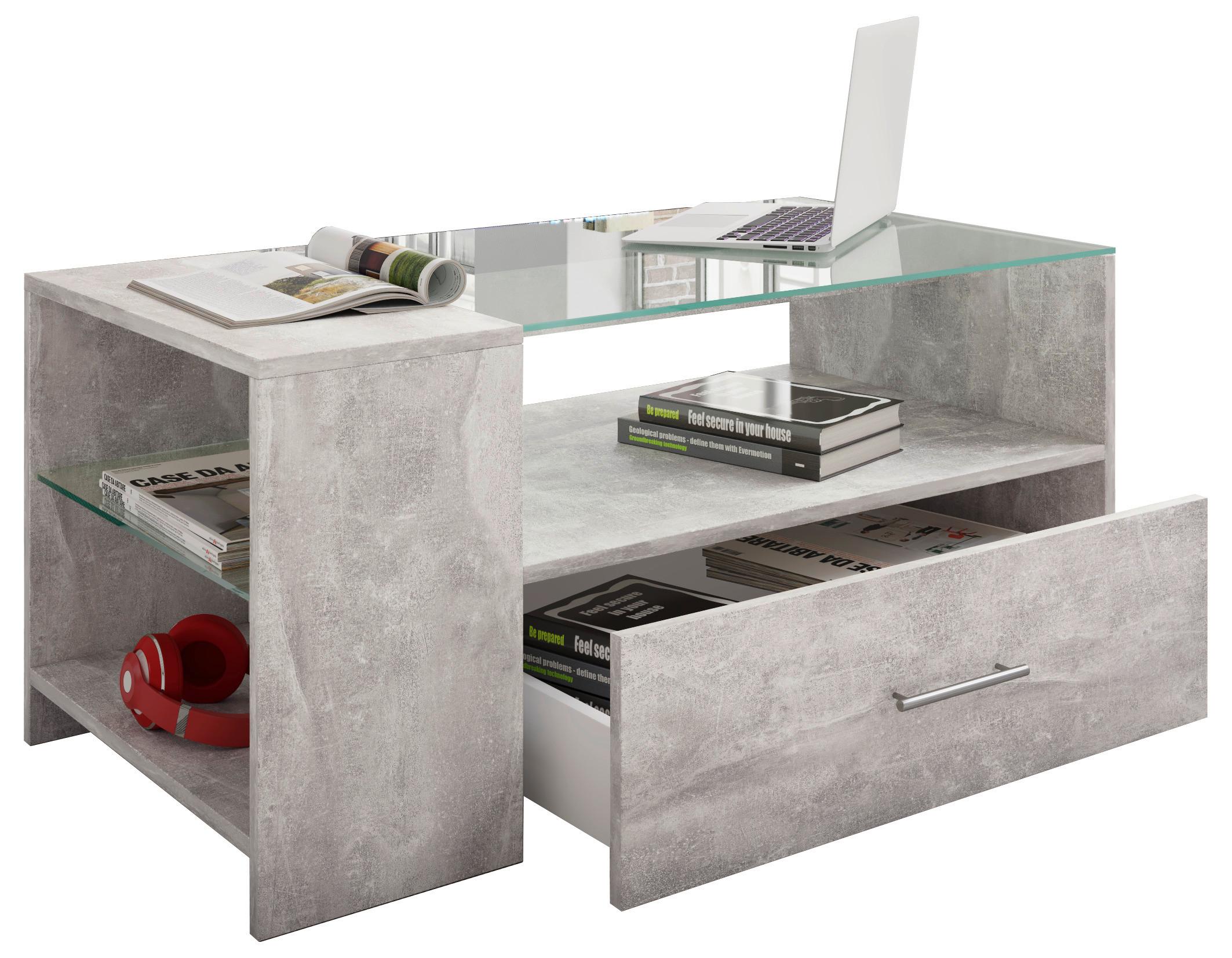 Couchtisch mit Stauraum und Glasplatte Tindala Betonoptik - Grau, Basics, Glas/Holzwerkstoff (50/100/45cm) - MID.YOU