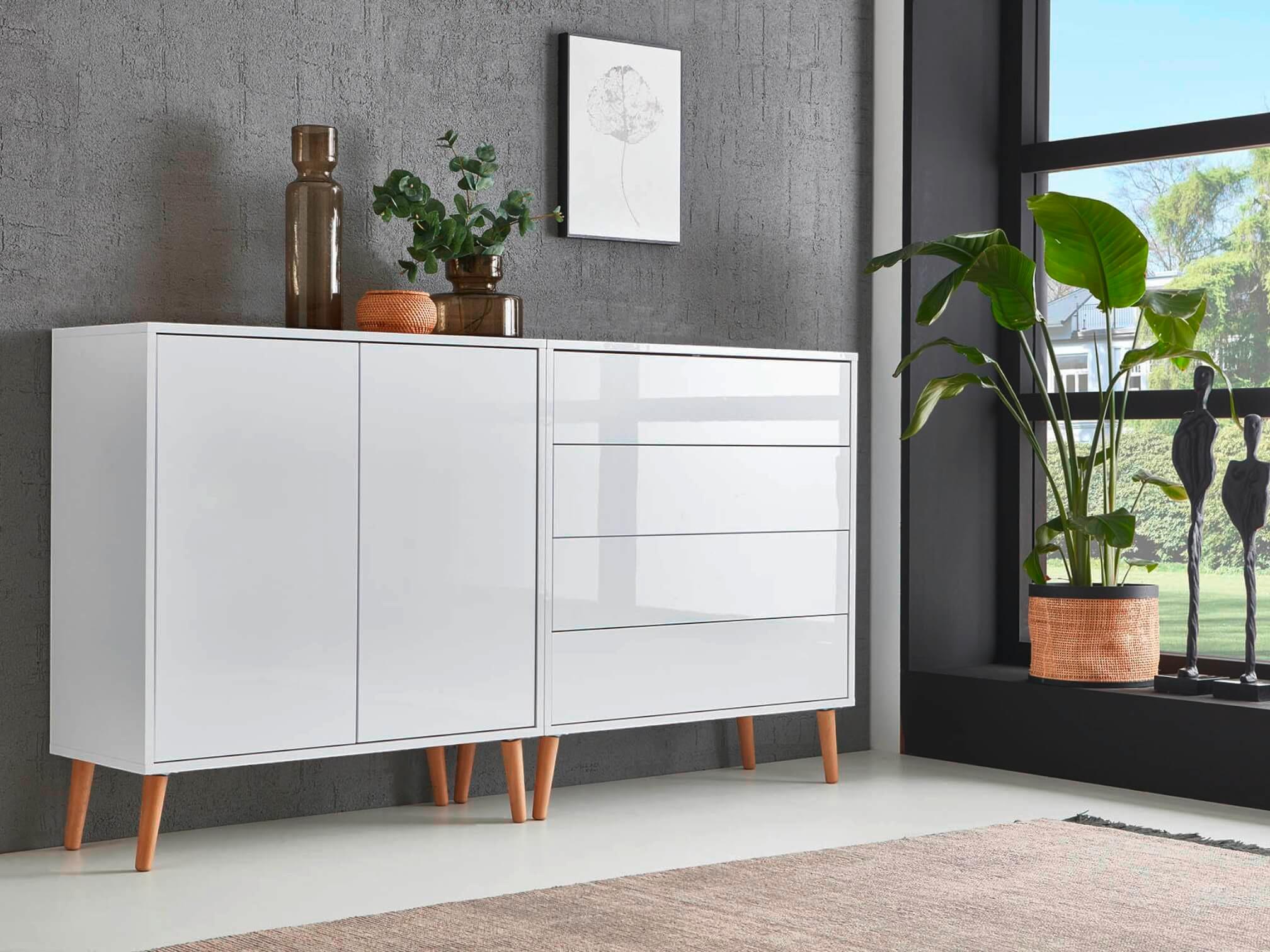 Sideboard Mailand 3 B: 158 cm Weiß - Weiß Hochglanz/Eiche Artisan, MODERN, Holzwerkstoff (158/86/33cm) - MID.YOU