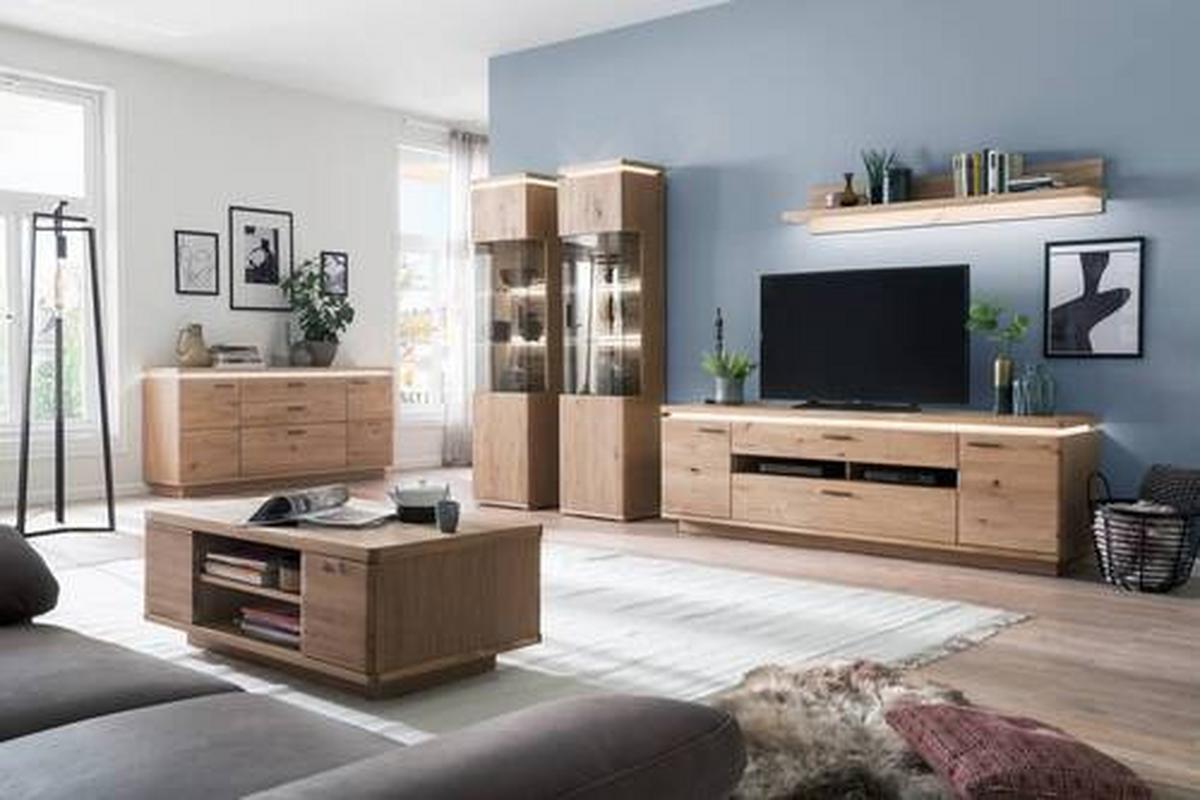 Wohnkombination teilmassiv 4--Teilig. Barcelona Eichefarben - Eichefarben, Design, Glas/Holz (340/204/50cm) - Livetastic