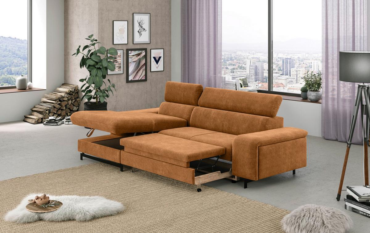 Ecksofa mit Bettkasten Emma Cognac 165x267 cm - Cognac/Schwarz, Textil (165/267cm) - MID.YOU