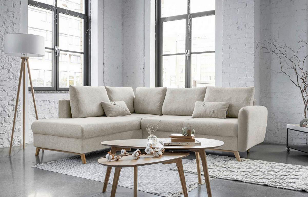 Sedačka LUCILE L, levá, béžová, úl.prostor a lůžko - přírodní barvy/béžová, dřevo/textil (202/242cm) - MID.YOU