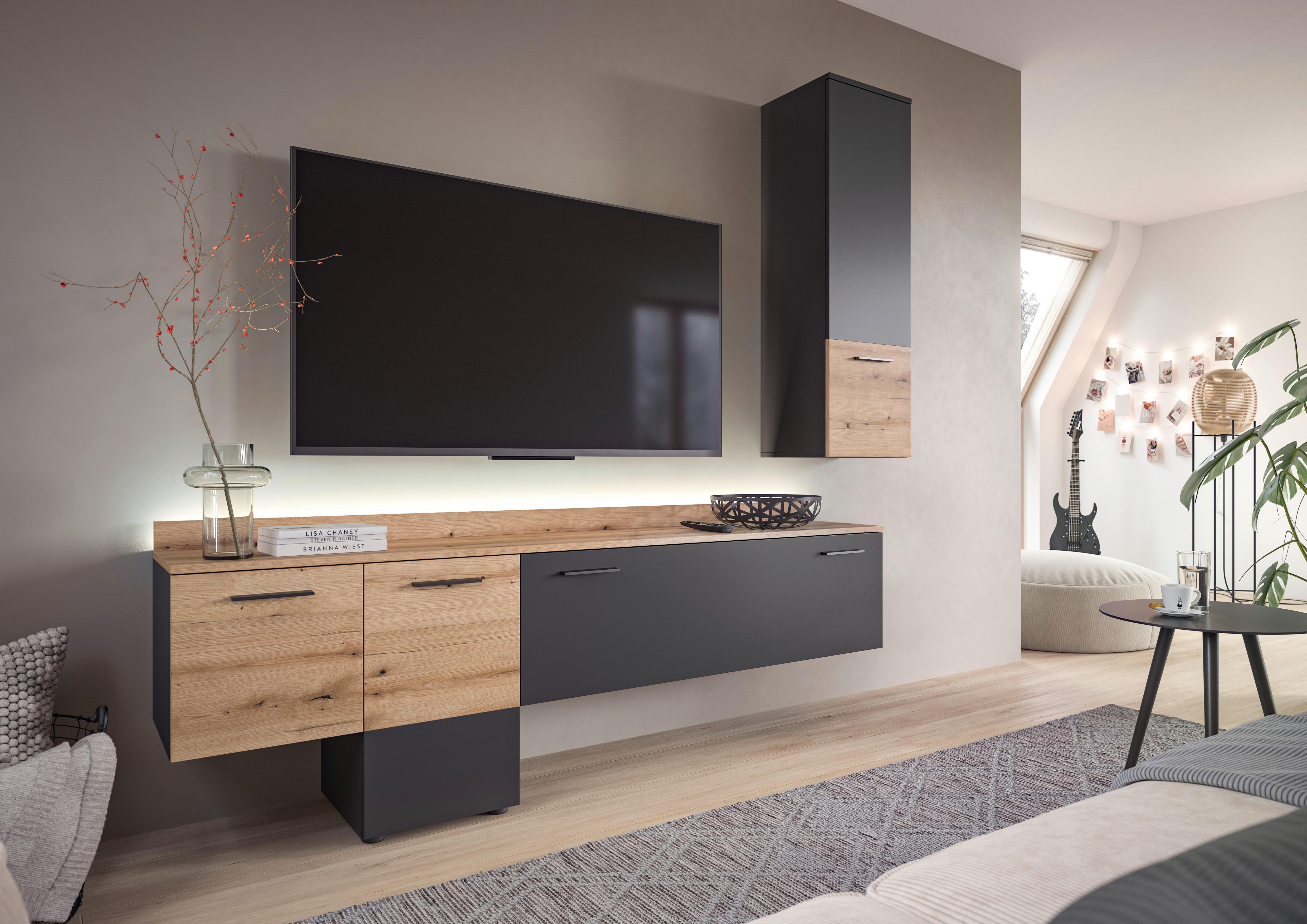 Wohnwand Goal - Eichefarben/Schwarz, Design, Holzwerkstoff (195/196/37cm) - Livetastic