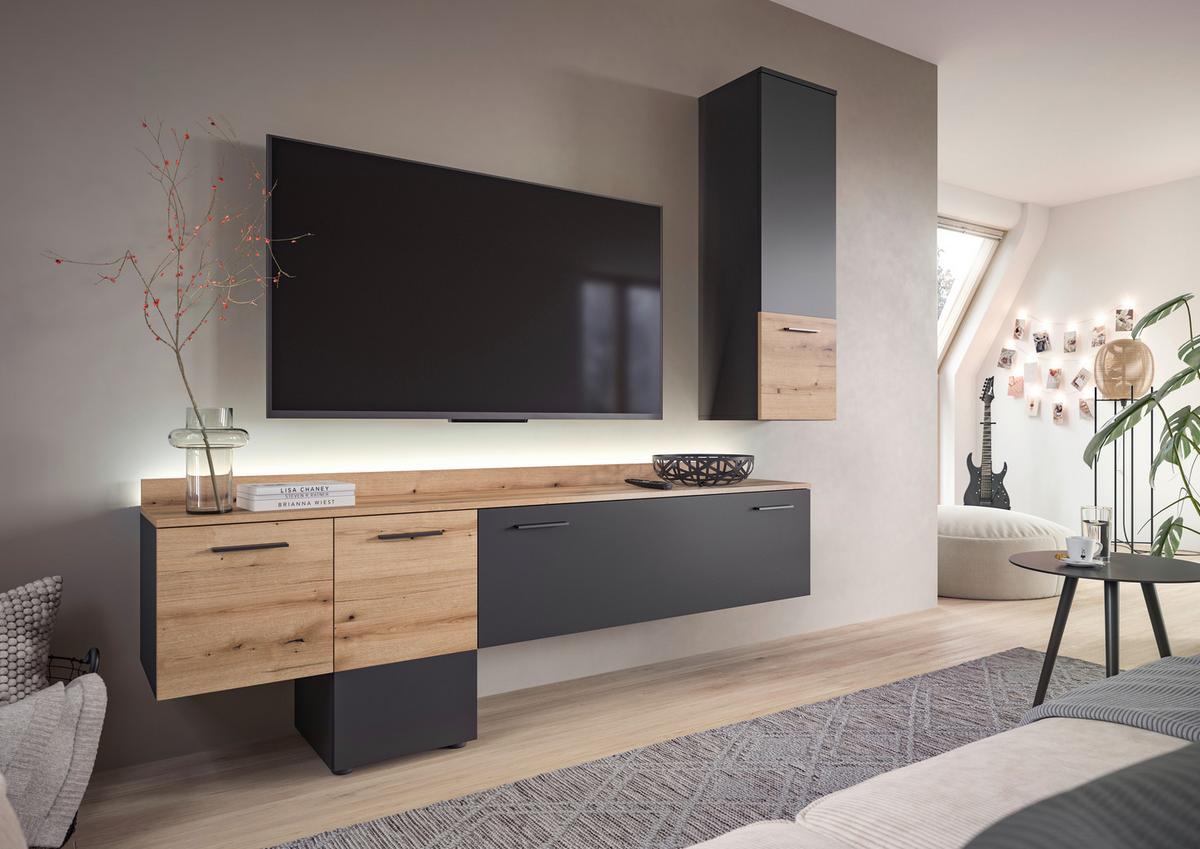 Wohnwand Goal - Eichefarben/Schwarz, Design, Holzwerkstoff (195/196/37cm) - Livetastic