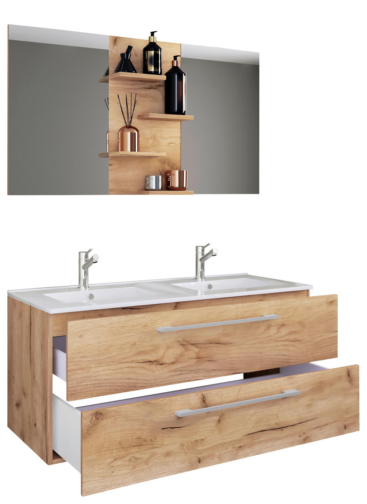 Badmöbel-Set 3-Tlg. Budasi B: 112 cm Weiß/Eiche Dekor - Honigeiche/Weiß, MODERN, Keramik/Holzwerkstoff (112cm) - MID.YOU