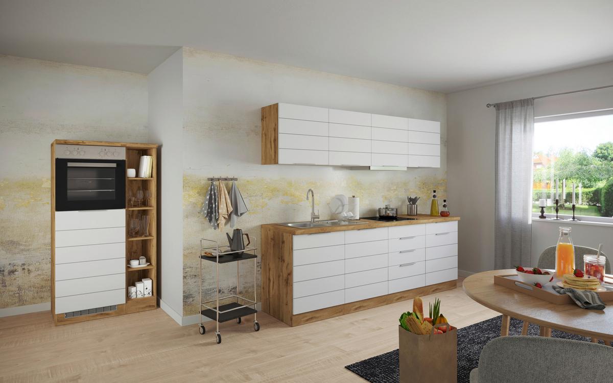 Küchenzeile Florenz mit Geräten 330 cm Weiß/Eichefarben - Eiche Wotan/Weiß, Design, Holzwerkstoff (330cm) - Held